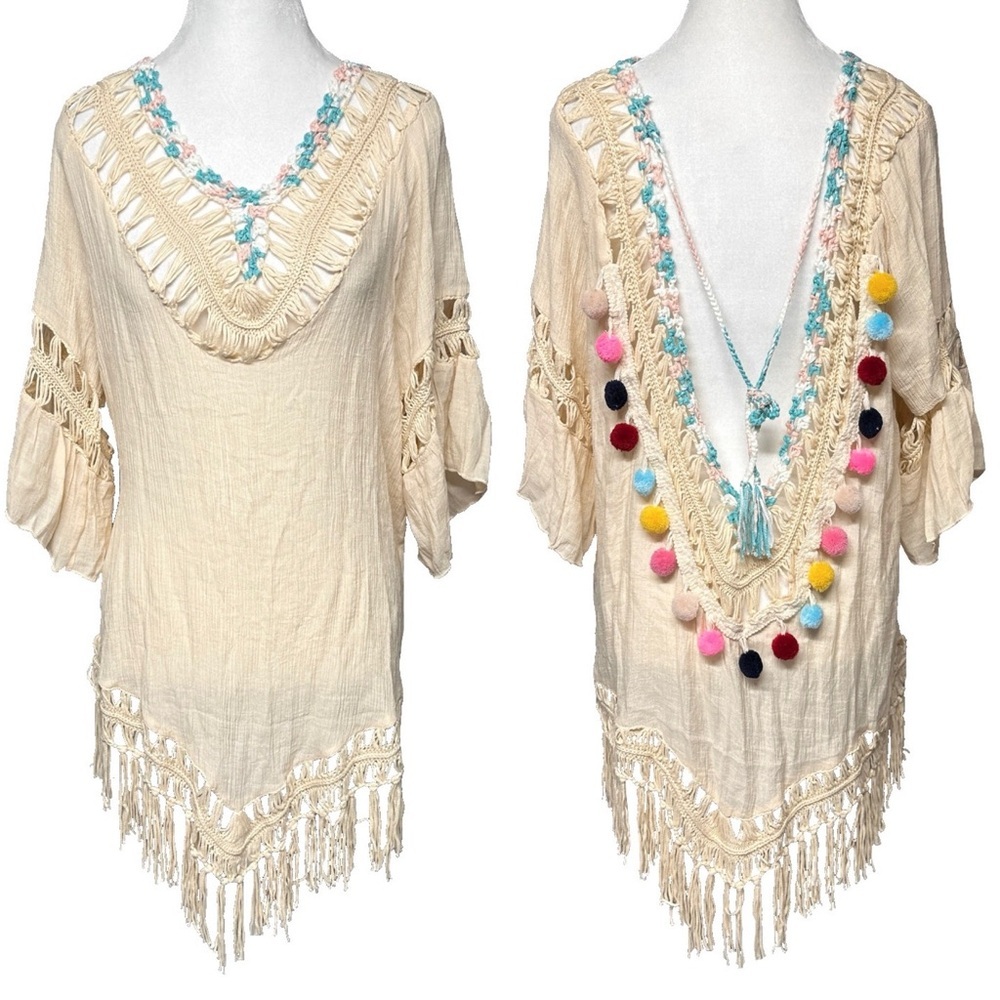 NEW! Cupshe Crochet Rainbow Pom Pom Beige Boho Beach Cover Up Medium - Picture 2 of 10